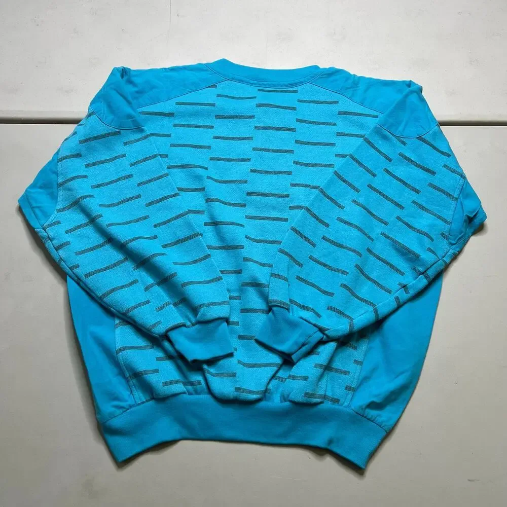 Vintage Blue Patterned‎ Henley Sweatshirt Crewneck Men's Large 80s